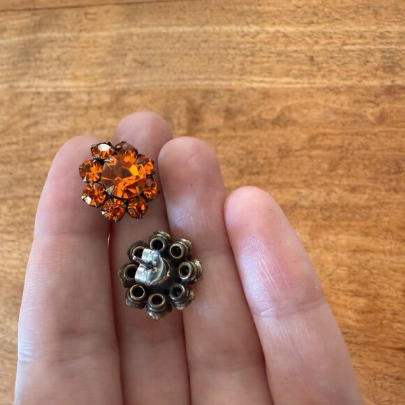 Vintage Orange Rhinestone Flower Floral Stud Earrings - Picture 6 of 8